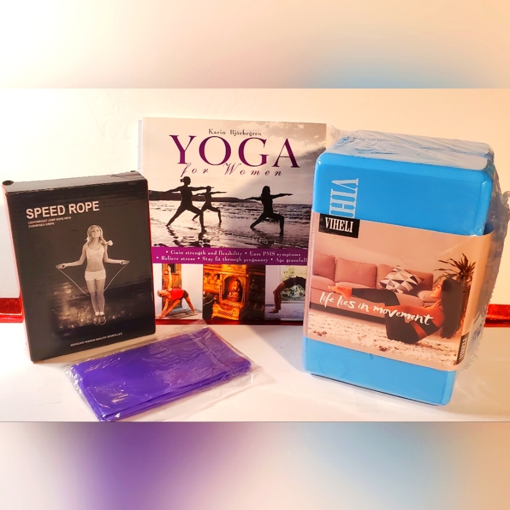 Yoga Bundle 2 blocks, Yoga instruction book, speed rope & tension band